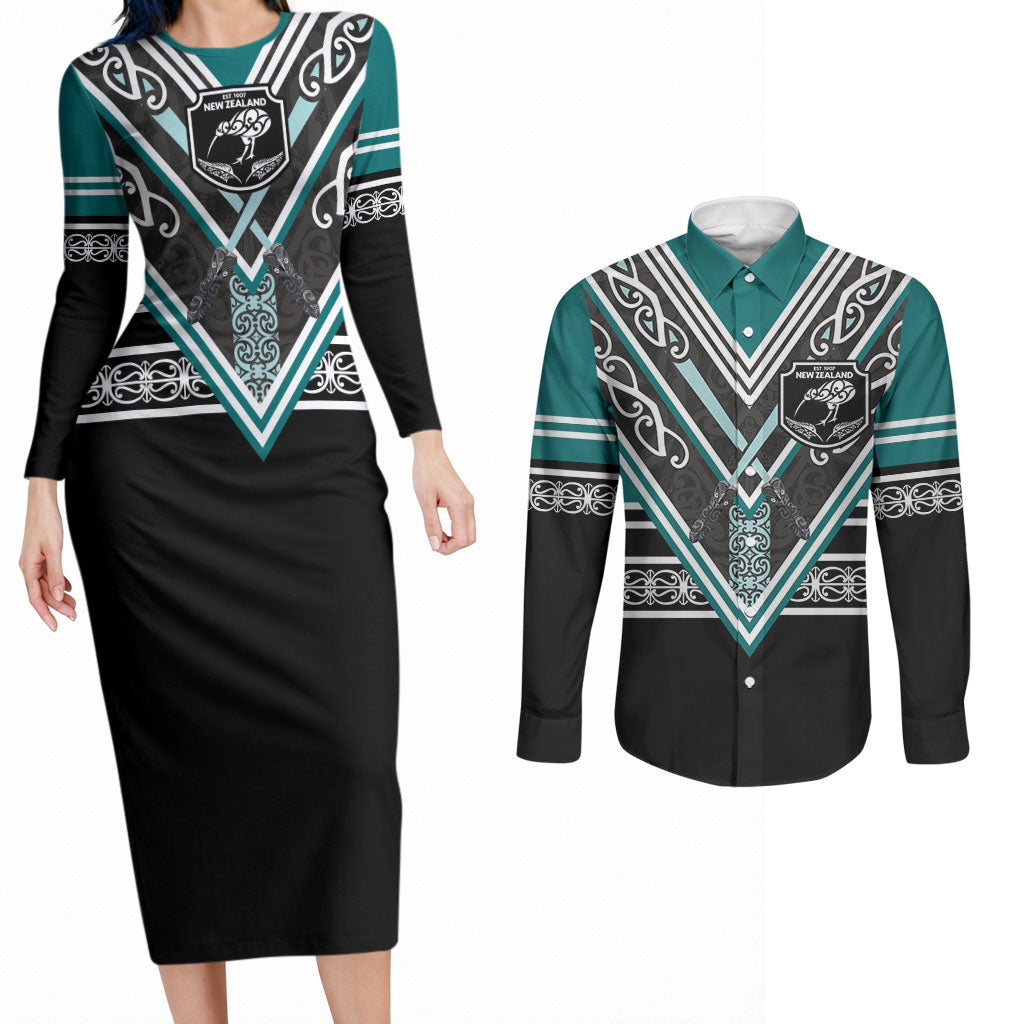 New Zealand Maori Rugby Custom Couples Matching Long Sleeve Bodycon Dress and Long Sleeve Button Shirt Aotearoa Koru Geometric - Oceanic Color