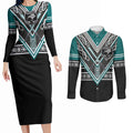 New Zealand Maori Rugby Custom Couples Matching Long Sleeve Bodycon Dress and Long Sleeve Button Shirt Aotearoa Koru Geometric - Oceanic Color