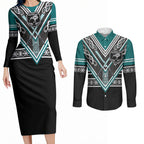 New Zealand Maori Rugby Custom Couples Matching Long Sleeve Bodycon Dress and Long Sleeve Button Shirt Aotearoa Koru Geometric - Oceanic Color