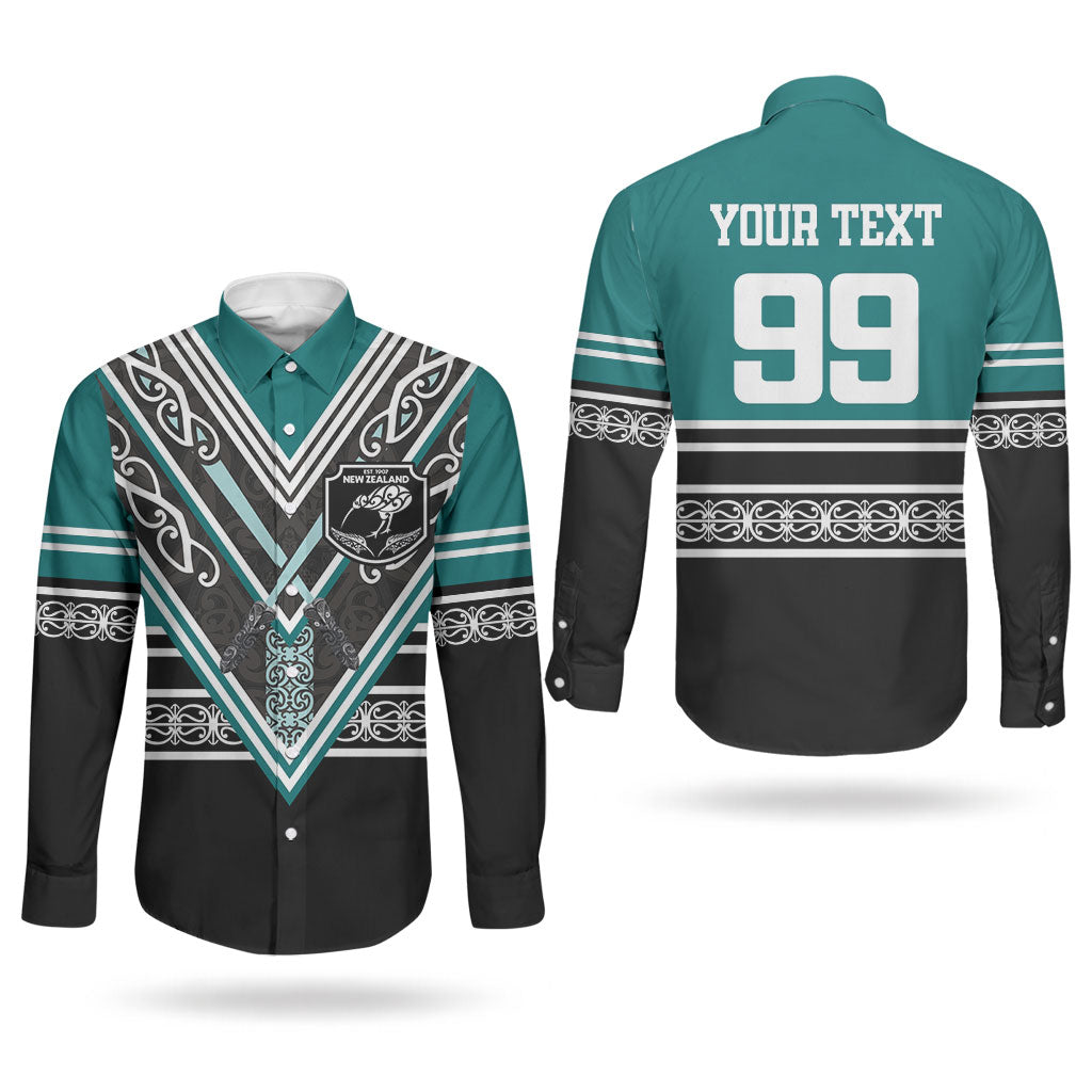 New Zealand Maori Rugby Custom Couples Matching Long Sleeve Bodycon Dress and Long Sleeve Button Shirt Aotearoa Koru Geometric - Oceanic Color