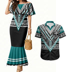 New Zealand Maori Rugby Custom Couples Matching Mermaid Dress and Hawaiian Shirt Aotearoa Koru Geometric - Oceanic Color