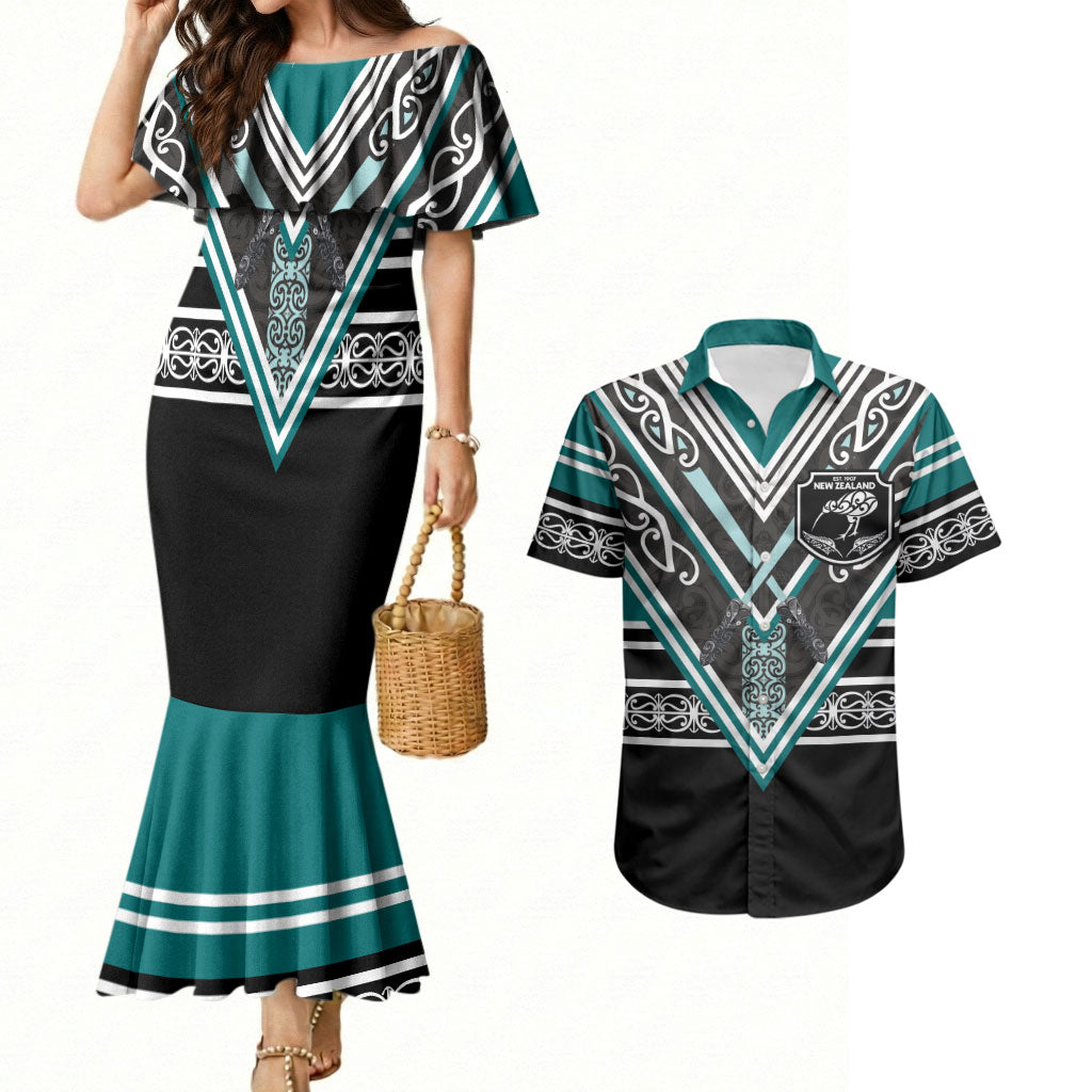 New Zealand Maori Rugby Custom Couples Matching Mermaid Dress and Hawaiian Shirt Aotearoa Koru Geometric - Oceanic Color