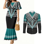 New Zealand Maori Rugby Custom Couples Matching Mermaid Dress and Long Sleeve Button Shirt Aotearoa Koru Geometric - Oceanic Color