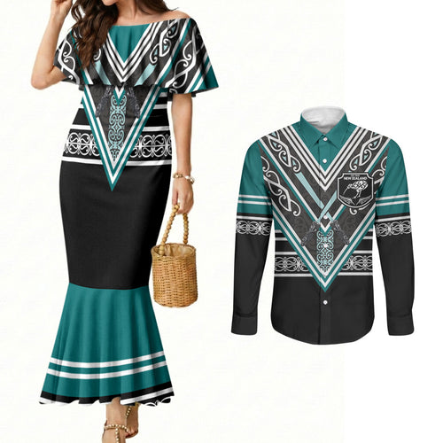 New Zealand Maori Rugby Custom Couples Matching Mermaid Dress and Long Sleeve Button Shirt Aotearoa Koru Geometric - Oceanic Color