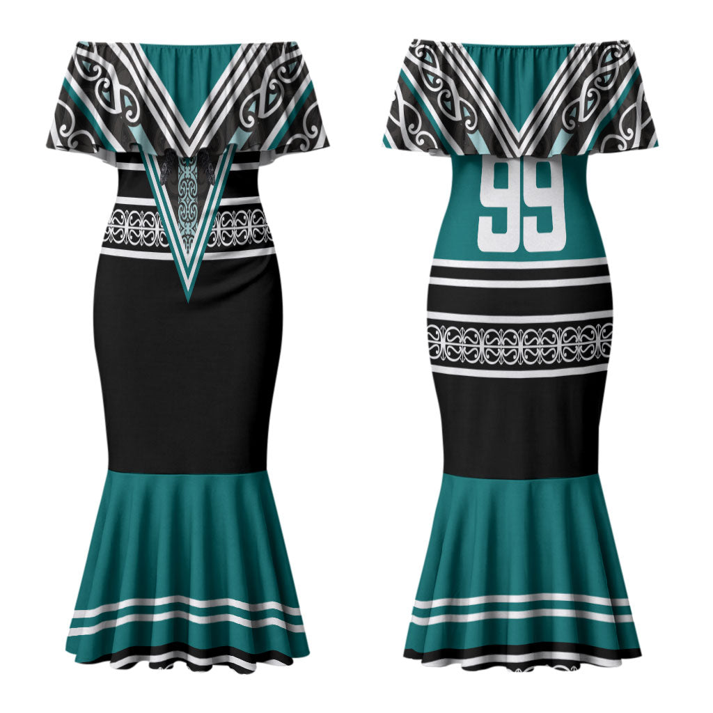 New Zealand Maori Rugby Custom Couples Matching Mermaid Dress and Long Sleeve Button Shirt Aotearoa Koru Geometric - Oceanic Color