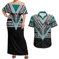 New Zealand Maori Rugby Custom Couples Matching Off Shoulder Maxi Dress and Hawaiian Shirt Aotearoa Koru Geometric - Oceanic Color