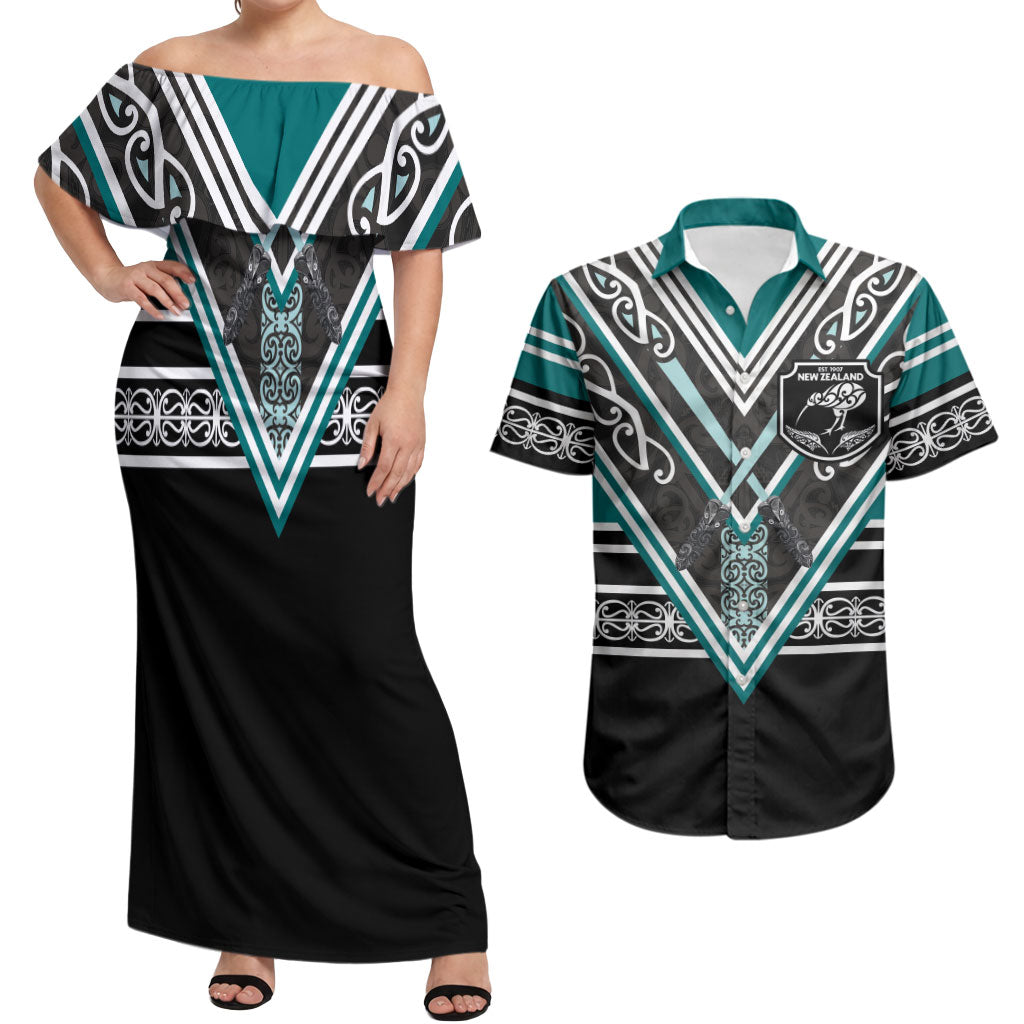 New Zealand Maori Rugby Custom Couples Matching Off Shoulder Maxi Dress and Hawaiian Shirt Aotearoa Koru Geometric - Oceanic Color