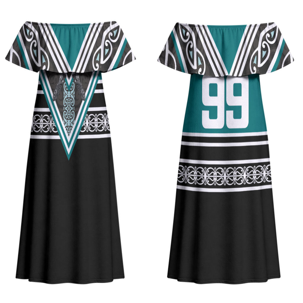 New Zealand Maori Rugby Custom Couples Matching Off Shoulder Maxi Dress and Hawaiian Shirt Aotearoa Koru Geometric - Oceanic Color