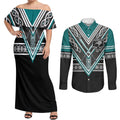 New Zealand Maori Rugby Custom Couples Matching Off Shoulder Maxi Dress and Long Sleeve Button Shirt Aotearoa Koru Geometric - Oceanic Color