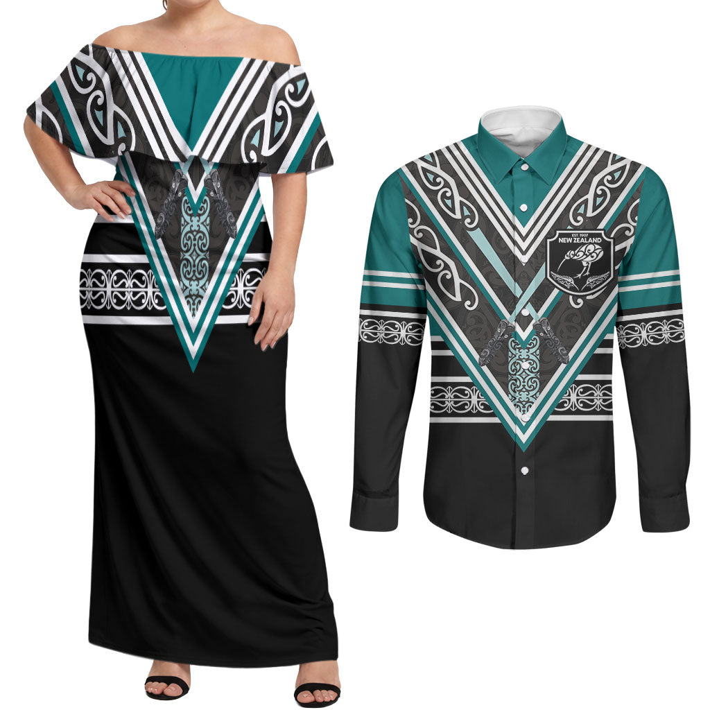 New Zealand Maori Rugby Custom Couples Matching Off Shoulder Maxi Dress and Long Sleeve Button Shirt Aotearoa Koru Geometric - Oceanic Color