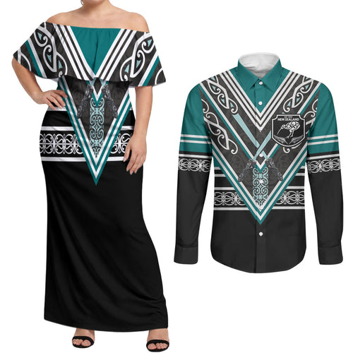New Zealand Maori Rugby Custom Couples Matching Off Shoulder Maxi Dress and Long Sleeve Button Shirt Aotearoa Koru Geometric - Oceanic Color