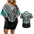 New Zealand Maori Rugby Custom Couples Matching Off Shoulder Short Dress and Hawaiian Shirt Aotearoa Koru Geometric - Oceanic Color