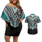New Zealand Maori Rugby Custom Couples Matching Off Shoulder Short Dress and Hawaiian Shirt Aotearoa Koru Geometric - Oceanic Color