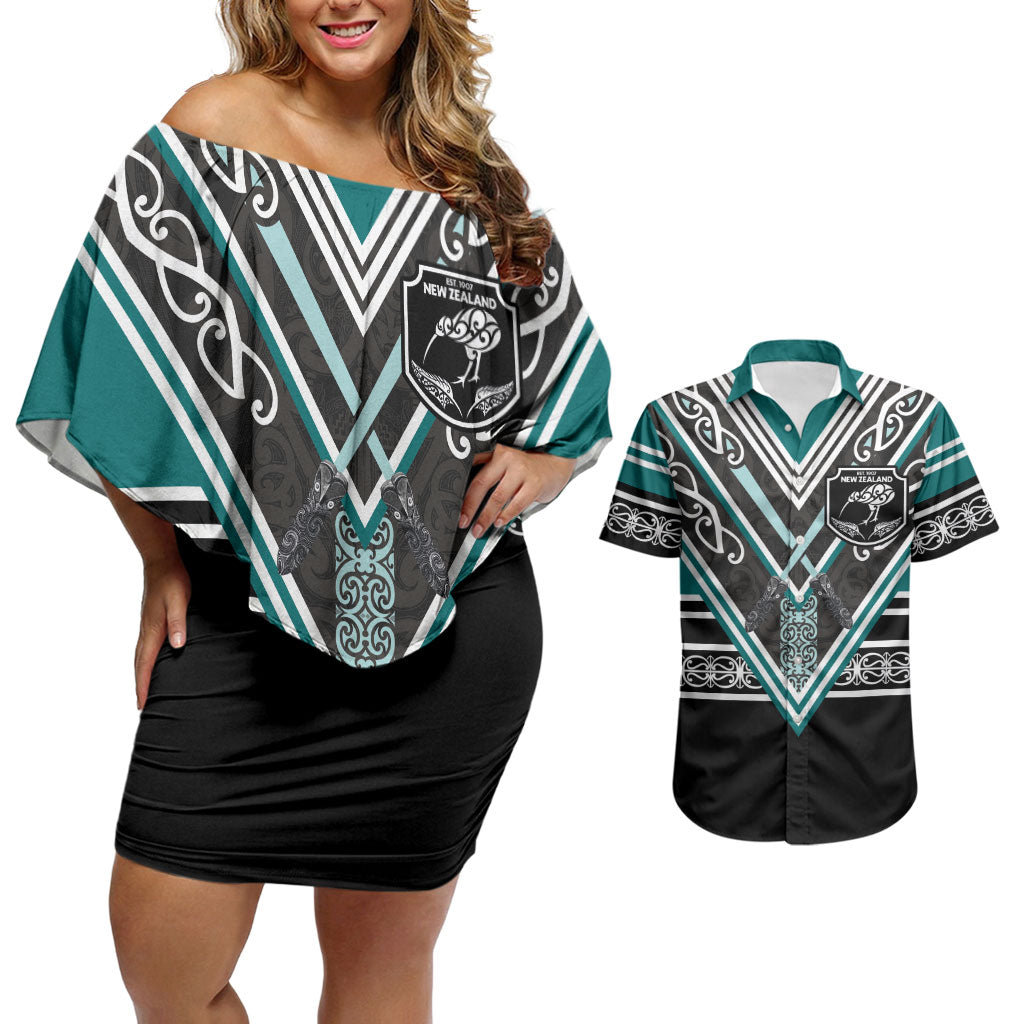 New Zealand Maori Rugby Custom Couples Matching Off Shoulder Short Dress and Hawaiian Shirt Aotearoa Koru Geometric - Oceanic Color