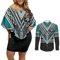 New Zealand Maori Rugby Custom Couples Matching Off Shoulder Short Dress and Long Sleeve Button Shirt Aotearoa Koru Geometric - Oceanic Color