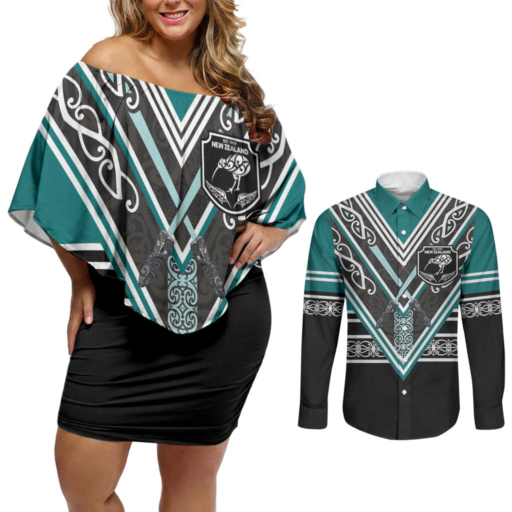 New Zealand Maori Rugby Custom Couples Matching Off Shoulder Short Dress and Long Sleeve Button Shirt Aotearoa Koru Geometric - Oceanic Color