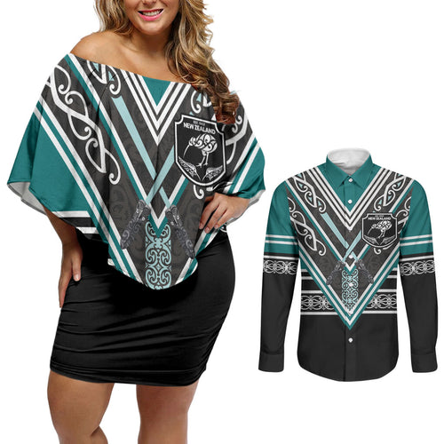 New Zealand Maori Rugby Custom Couples Matching Off Shoulder Short Dress and Long Sleeve Button Shirt Aotearoa Koru Geometric - Oceanic Color