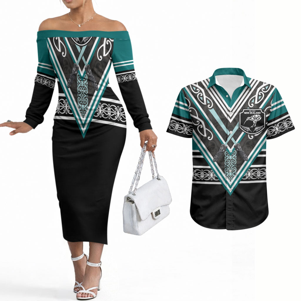 New Zealand Maori Rugby Custom Couples Matching Off The Shoulder Long Sleeve Dress and Hawaiian Shirt Aotearoa Koru Geometric - Oceanic Color