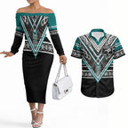 New Zealand Maori Rugby Custom Couples Matching Off The Shoulder Long Sleeve Dress and Hawaiian Shirt Aotearoa Koru Geometric - Oceanic Color
