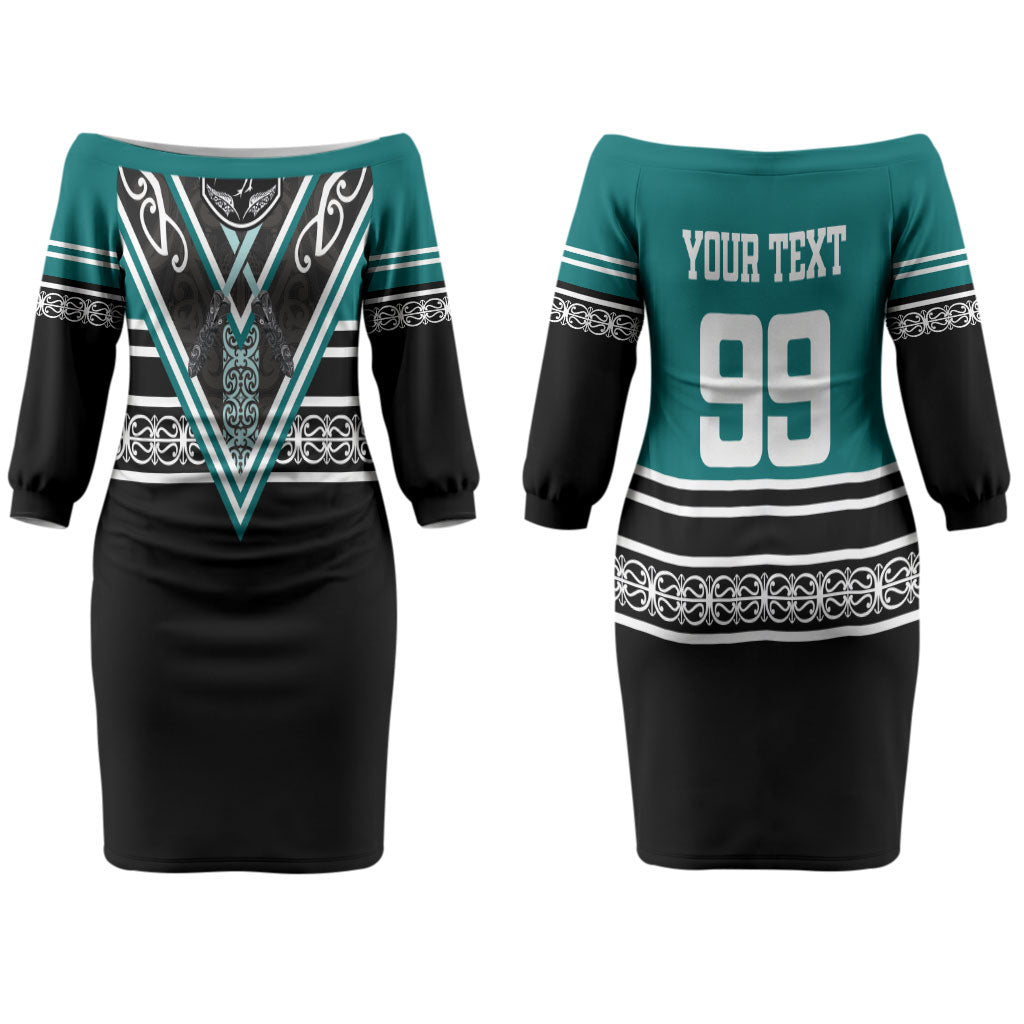New Zealand Maori Rugby Custom Couples Matching Off The Shoulder Long Sleeve Dress and Hawaiian Shirt Aotearoa Koru Geometric - Oceanic Color