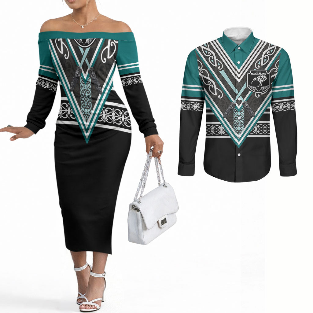 New Zealand Maori Rugby Custom Couples Matching Off The Shoulder Long Sleeve Dress and Long Sleeve Button Shirt Aotearoa Koru Geometric - Oceanic Color