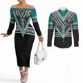 New Zealand Maori Rugby Custom Couples Matching Off The Shoulder Long Sleeve Dress and Long Sleeve Button Shirt Aotearoa Koru Geometric - Oceanic Color