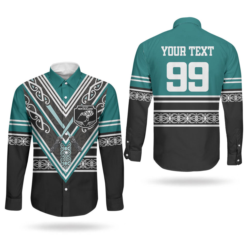 New Zealand Maori Rugby Custom Couples Matching Off The Shoulder Long Sleeve Dress and Long Sleeve Button Shirt Aotearoa Koru Geometric - Oceanic Color
