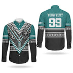 New Zealand Maori Rugby Custom Couples Matching Off The Shoulder Long Sleeve Dress and Long Sleeve Button Shirt Aotearoa Koru Geometric - Oceanic Color