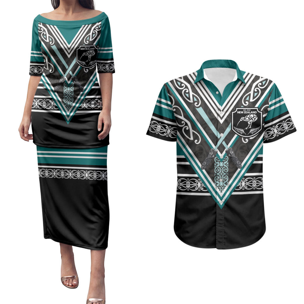 New Zealand Maori Rugby Custom Couples Matching Puletasi and Hawaiian Shirt Aotearoa Koru Geometric - Oceanic Color