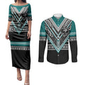New Zealand Maori Rugby Custom Couples Matching Puletasi and Long Sleeve Button Shirt Aotearoa Koru Geometric - Oceanic Color