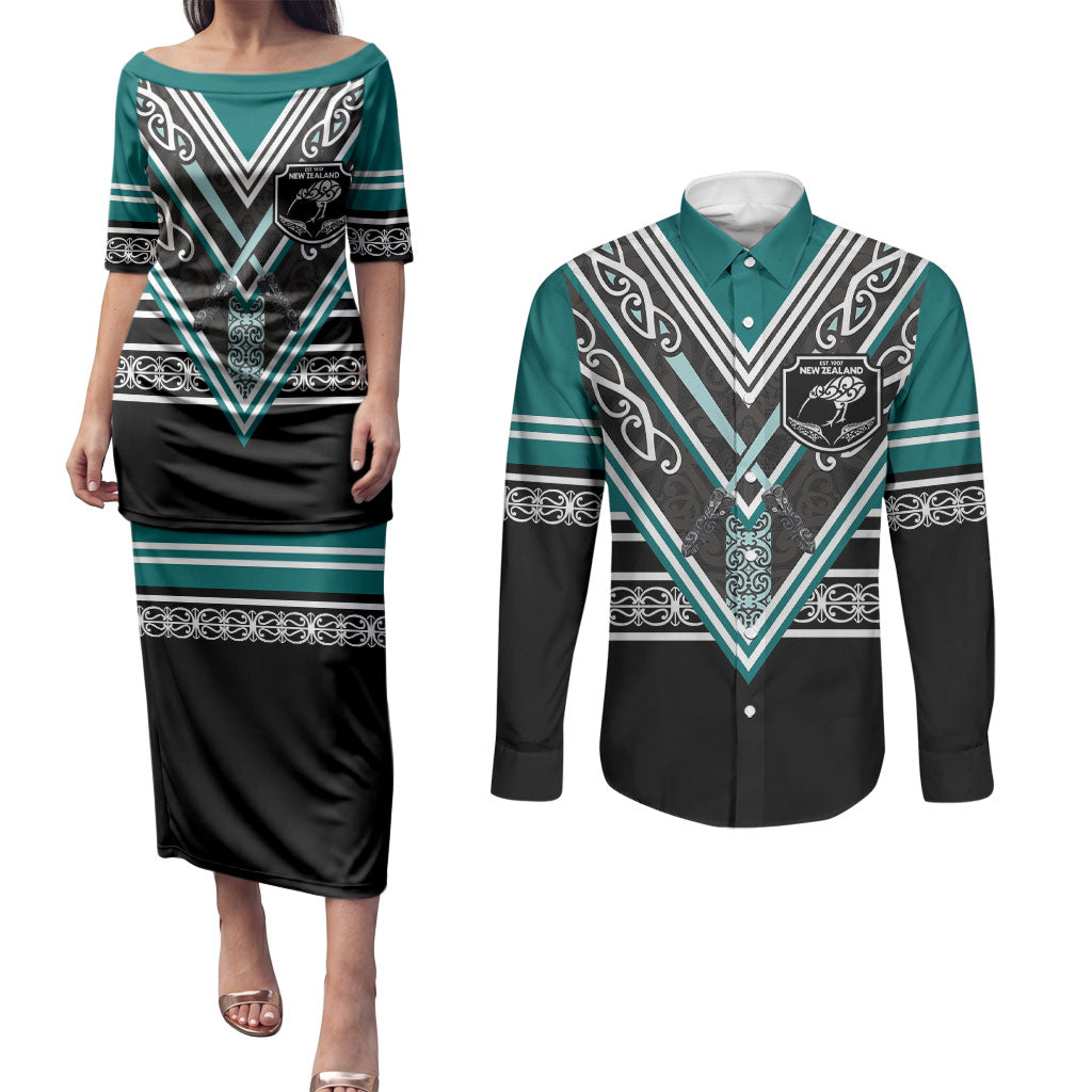 New Zealand Maori Rugby Custom Couples Matching Puletasi and Long Sleeve Button Shirt Aotearoa Koru Geometric - Oceanic Color