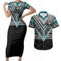New Zealand Maori Rugby Custom Couples Matching Short Sleeve Bodycon Dress and Hawaiian Shirt Aotearoa Koru Geometric - Oceanic Color