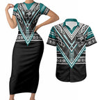 New Zealand Maori Rugby Custom Couples Matching Short Sleeve Bodycon Dress and Hawaiian Shirt Aotearoa Koru Geometric - Oceanic Color