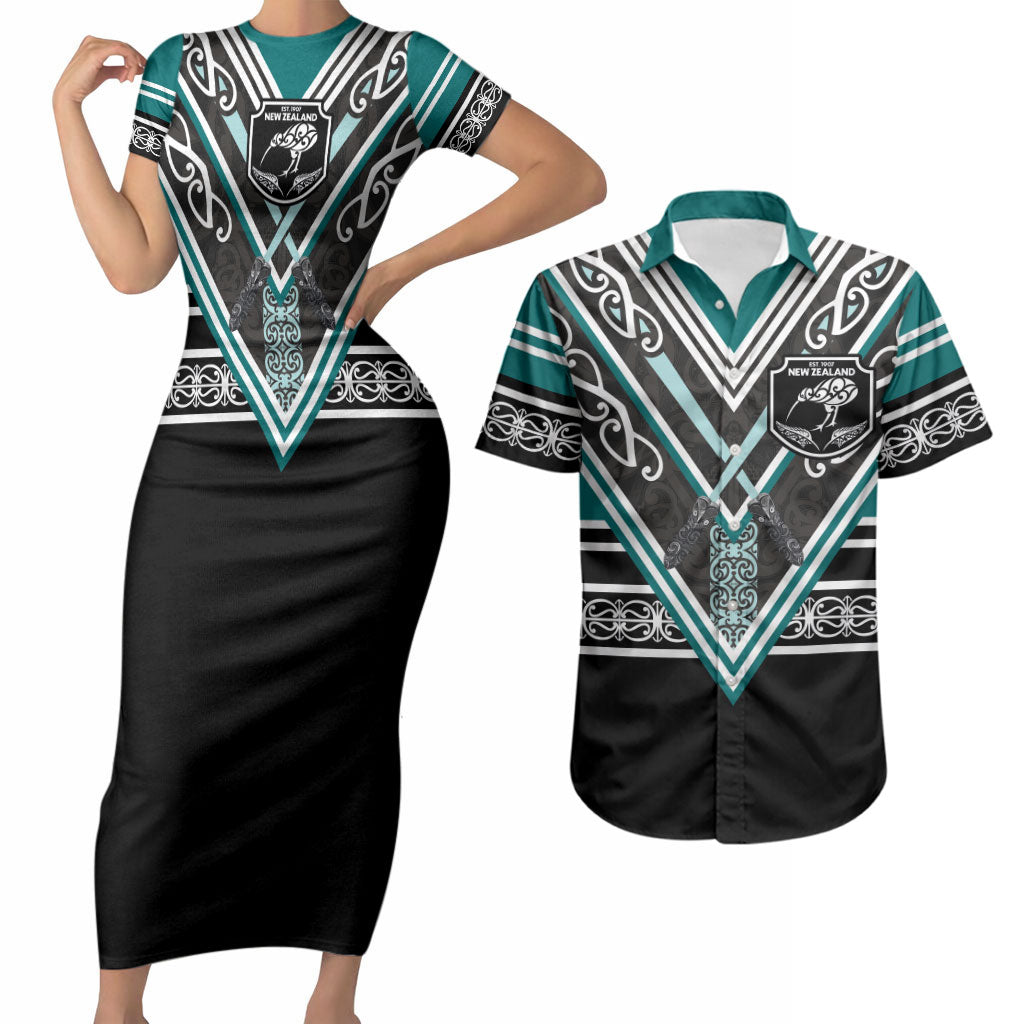 New Zealand Maori Rugby Custom Couples Matching Short Sleeve Bodycon Dress and Hawaiian Shirt Aotearoa Koru Geometric - Oceanic Color