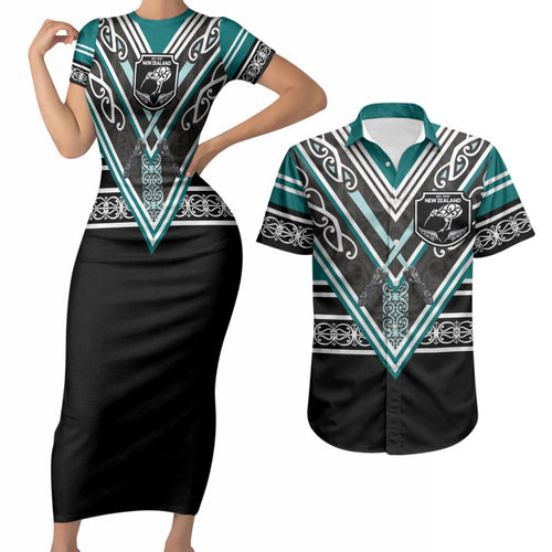 New Zealand Maori Rugby Custom Couples Matching Short Sleeve Bodycon Dress and Hawaiian Shirt Aotearoa Koru Geometric - Oceanic Color