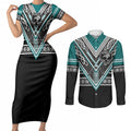 New Zealand Maori Rugby Custom Couples Matching Short Sleeve Bodycon Dress and Long Sleeve Button Shirt Aotearoa Koru Geometric - Oceanic Color