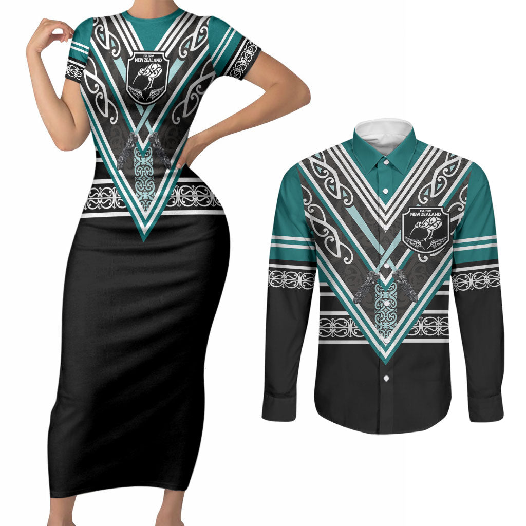 New Zealand Maori Rugby Custom Couples Matching Short Sleeve Bodycon Dress and Long Sleeve Button Shirt Aotearoa Koru Geometric - Oceanic Color