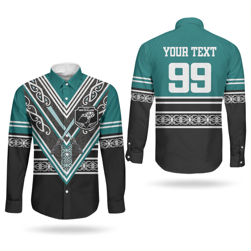 New Zealand Maori Rugby Custom Couples Matching Short Sleeve Bodycon Dress and Long Sleeve Button Shirt Aotearoa Koru Geometric - Oceanic Color