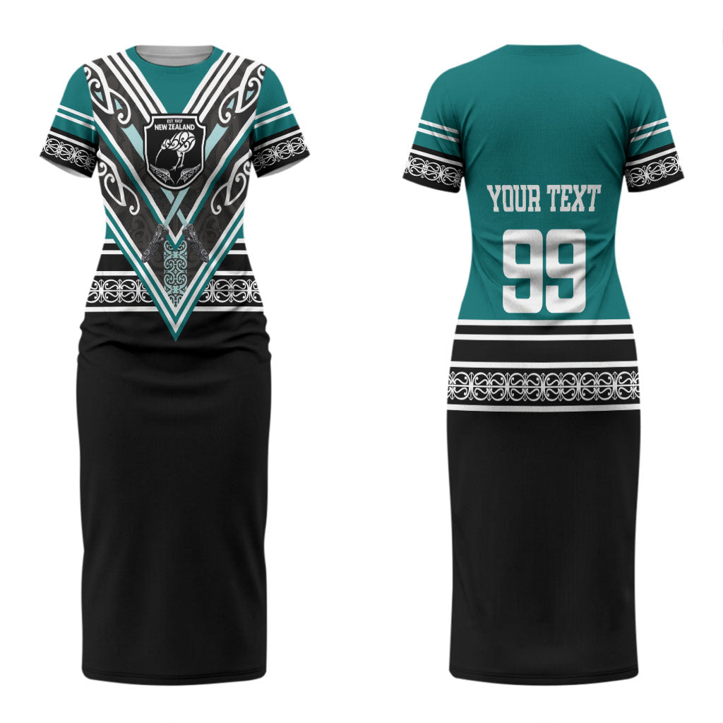 New Zealand Maori Rugby Custom Couples Matching Short Sleeve Bodycon Dress and Long Sleeve Button Shirt Aotearoa Koru Geometric - Oceanic Color