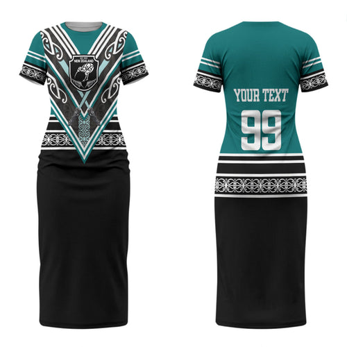 New Zealand Maori Rugby Custom Couples Matching Short Sleeve Bodycon Dress and Long Sleeve Button Shirt Aotearoa Koru Geometric - Oceanic Color