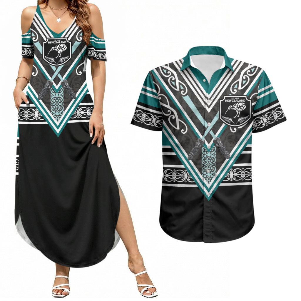 New Zealand Maori Rugby Custom Couples Matching Summer Maxi Dress and Hawaiian Shirt Aotearoa Koru Geometric - Oceanic Color
