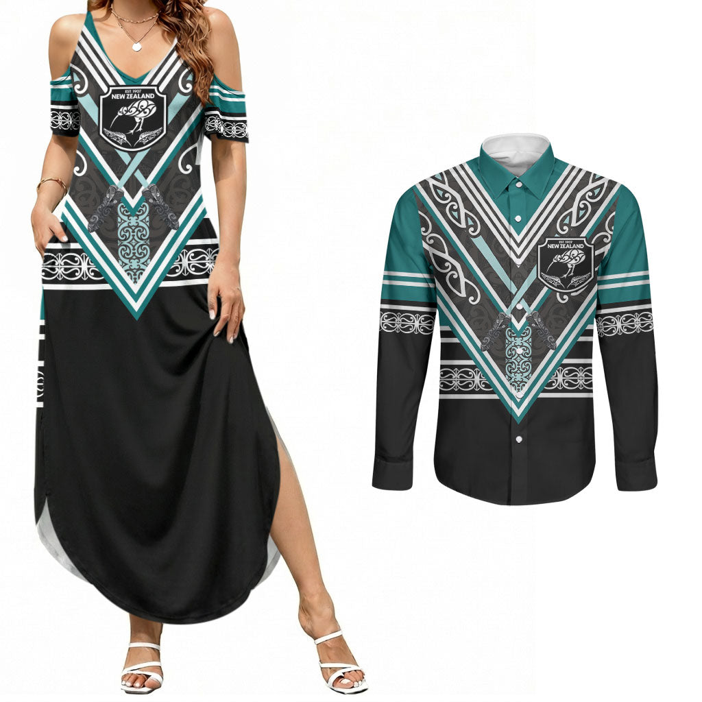 New Zealand Maori Rugby Custom Couples Matching Summer Maxi Dress and Long Sleeve Button Shirt Aotearoa Koru Geometric - Oceanic Color