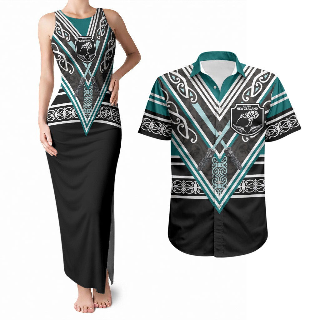New Zealand Maori Rugby Custom Couples Matching Tank Maxi Dress and Hawaiian Shirt Aotearoa Koru Geometric - Oceanic Color