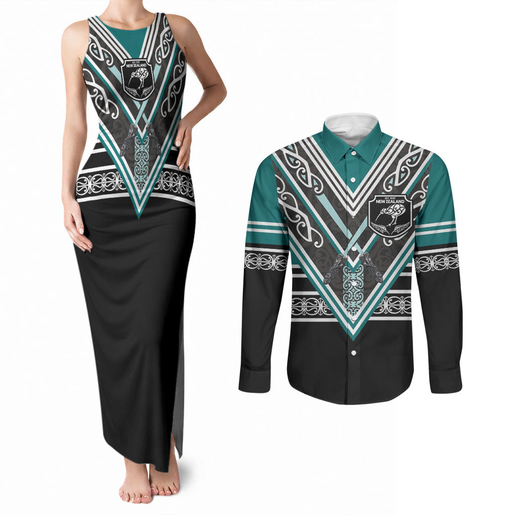 New Zealand Maori Rugby Custom Couples Matching Tank Maxi Dress and Long Sleeve Button Shirt Aotearoa Koru Geometric - Oceanic Color