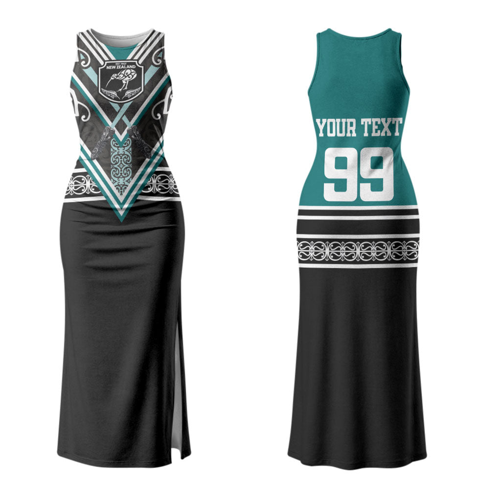 New Zealand Maori Rugby Custom Couples Matching Tank Maxi Dress and Long Sleeve Button Shirt Aotearoa Koru Geometric - Oceanic Color