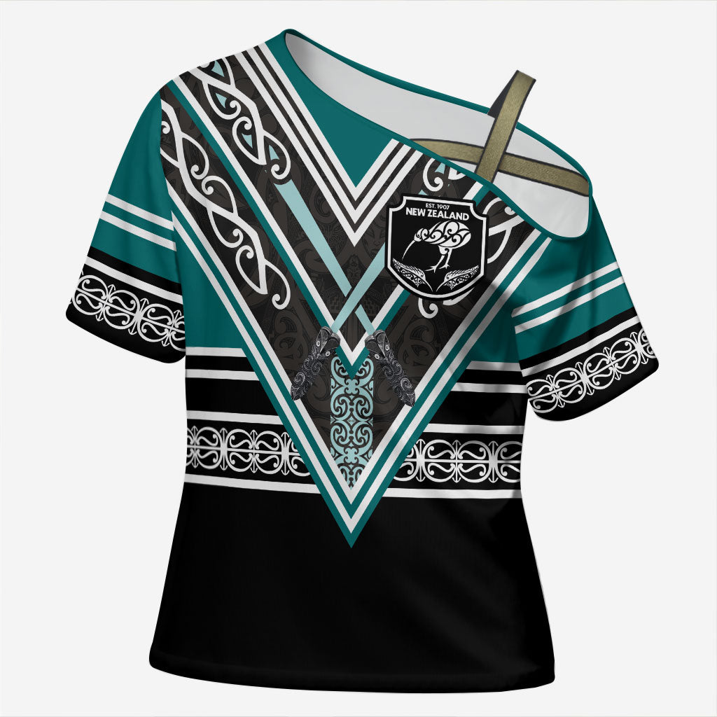 New Zealand Maori Rugby Custom Cross Shoulder Shirt Aotearoa Koru Geometric - Oceanic Color