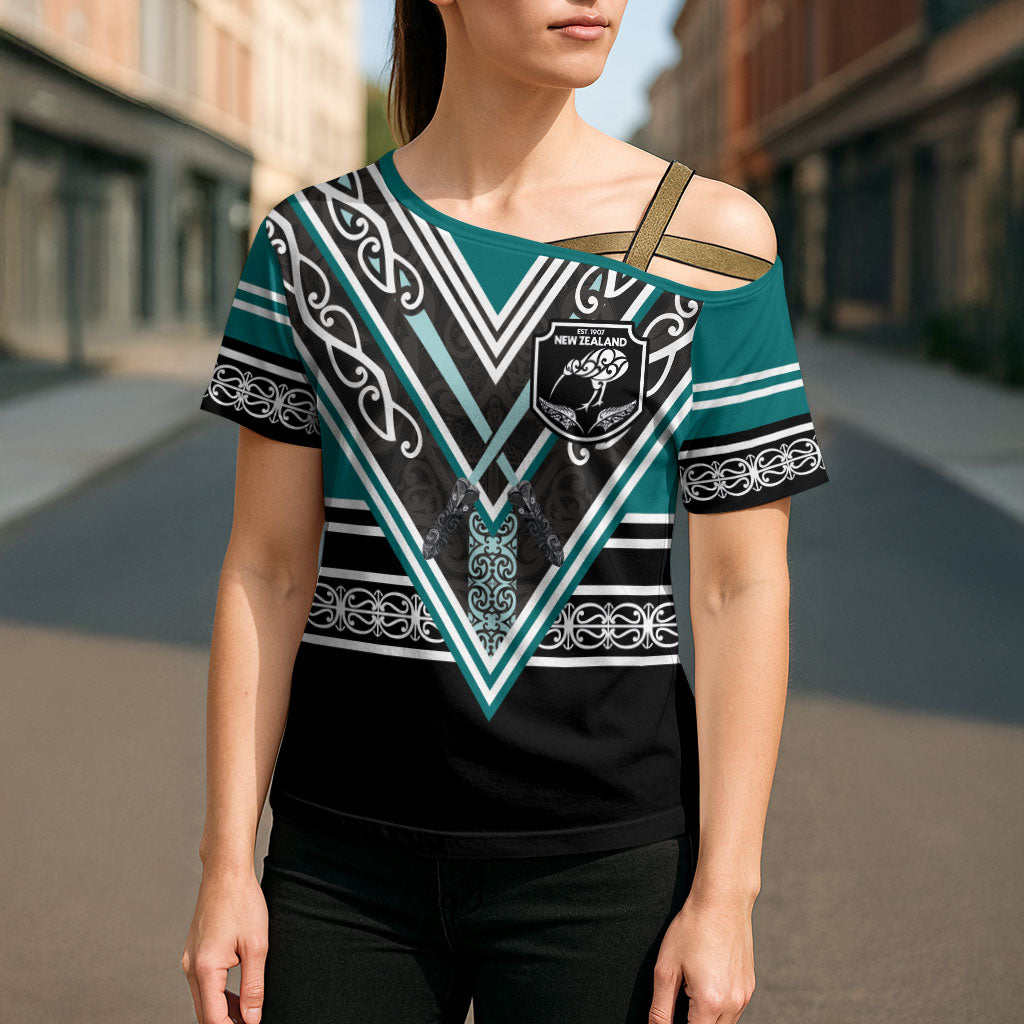 New Zealand Maori Rugby Custom Cross Shoulder Shirt Aotearoa Koru Geometric - Oceanic Color