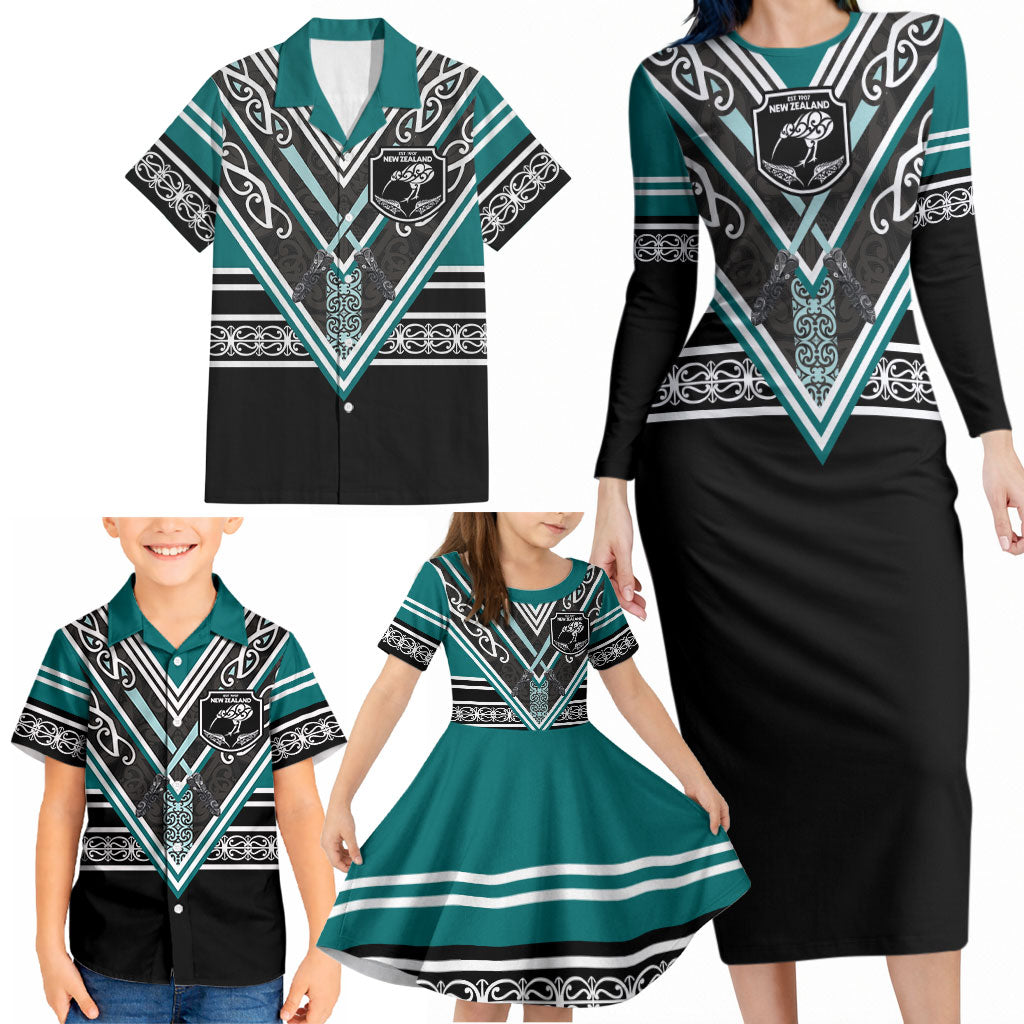 New Zealand Maori Rugby Custom Family Matching Long Sleeve Bodycon Dress and Hawaiian Shirt Aotearoa Koru Geometric - Oceanic Color