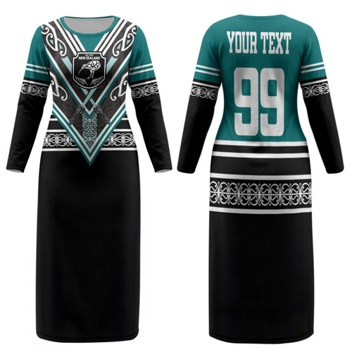 New Zealand Maori Rugby Custom Family Matching Long Sleeve Bodycon Dress and Hawaiian Shirt Aotearoa Koru Geometric - Oceanic Color