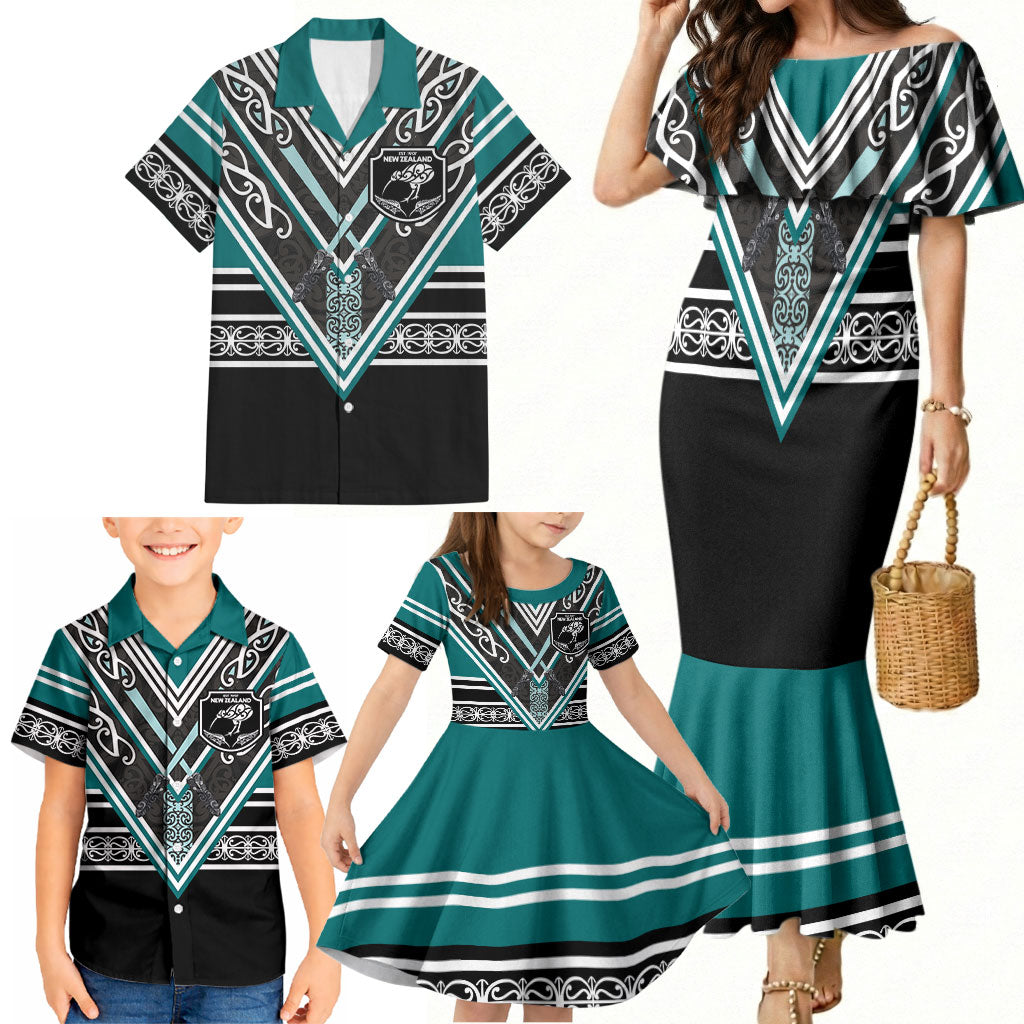 New Zealand Maori Rugby Custom Family Matching Mermaid Dress and Hawaiian Shirt Aotearoa Koru Geometric - Oceanic Color